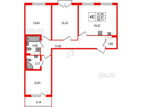 Квартира в ЖК Любоград, 3 комнатная, 81.97 м², 4 этаж