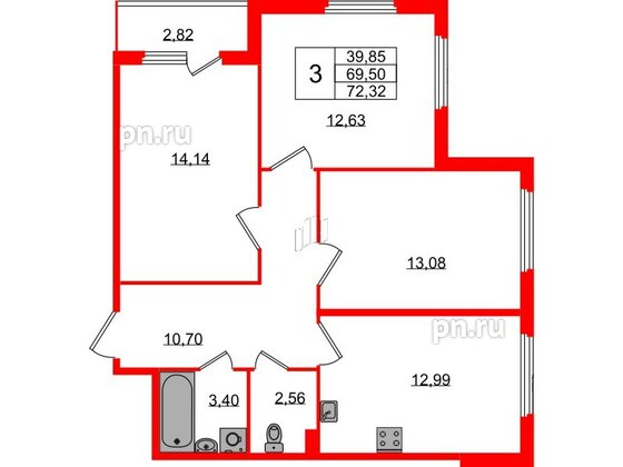 Квартира в ЖК Любоград, 3 комнатная, 69.5 м², 1 этаж