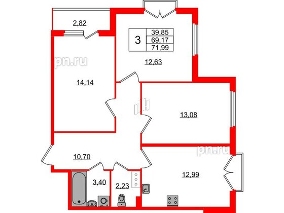 Квартира в ЖК Любоград, 3 комнатная, 69.17 м², 4 этаж