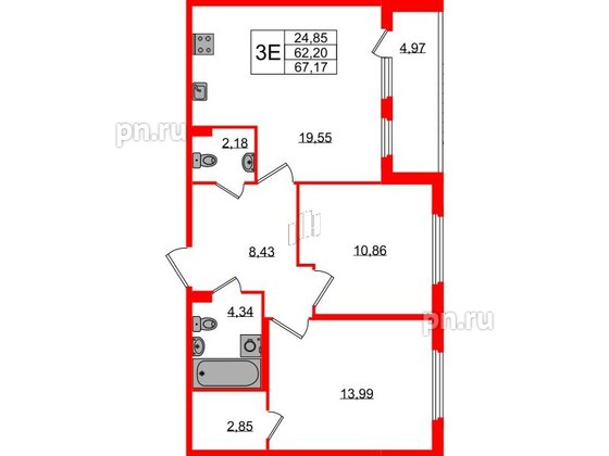 Квартира в ЖК Любоград, 2 комнатная, 62.2 м², 1 этаж