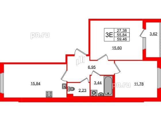 Квартира в ЖК Любоград, 2 комнатная, 55.84 м², 1 этаж