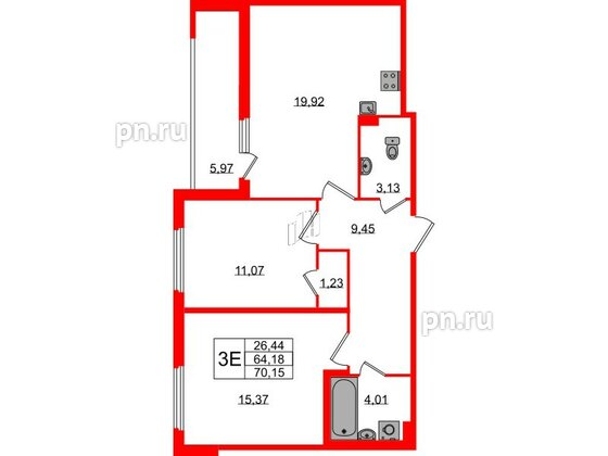 Квартира в ЖК Любоград, 2 комнатная, 64.18 м², 1 этаж