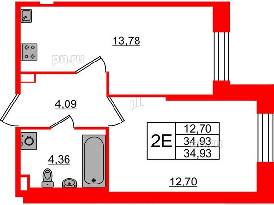 Квартира в ЖК Живи в Рыбацком, 1 комнатная, 34.93 м², 1 этаж