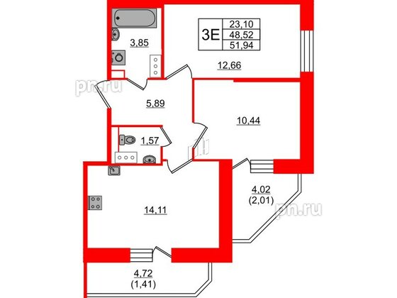 Квартира в ЖК Живи в Рыбацком, 2 комнатная, 48.52 м², 12 этаж