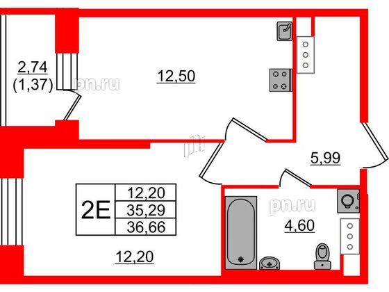 Квартира в ЖК Живи в Рыбацком, 1 комнатная, 35.29 м², 2 этаж