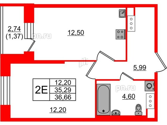 Квартира в ЖК Живи в Рыбацком, 1 комнатная, 35.29 м², 4 этаж