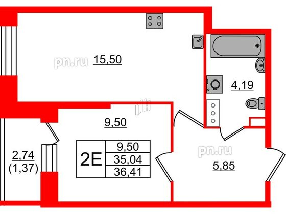 Квартира в ЖК Живи в Рыбацком, 1 комнатная, 35.04 м², 2 этаж