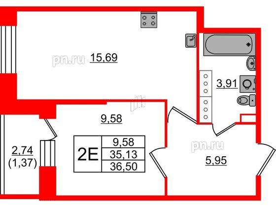 Квартира в ЖК Живи в Рыбацком, 1 комнатная, 35.13 м², 15 этаж