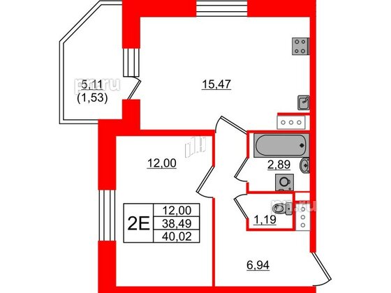 Квартира в ЖК Живи в Рыбацком, 1 комнатная, 38.49 м², 6 этаж