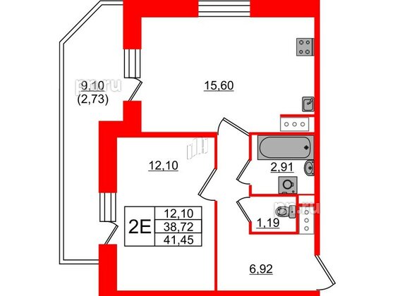 Квартира в ЖК Живи в Рыбацком, 1 комнатная, 38.72 м², 13 этаж