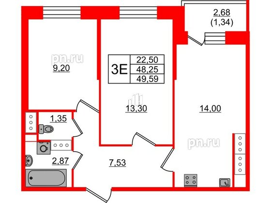 Квартира в ЖК Живи в Рыбацком, 2 комнатная, 48.25 м², 16 этаж