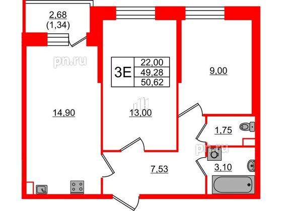 Квартира в ЖК Живи в Рыбацком, 2 комнатная, 49.28 м², 2 этаж