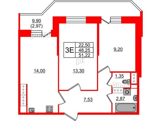 Квартира в ЖК Живи в Рыбацком, 2 комнатная, 48.25 м², 17 этаж