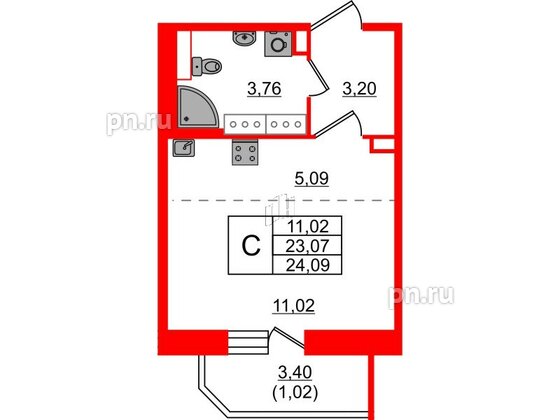 Квартира в ЖК Живи в Рыбацком, студия, 23.07 м², 22 этаж