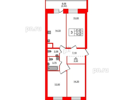 Квартира в ЖК Живи в Рыбацком, 3 комнатная, 71.78 м², 12 этаж