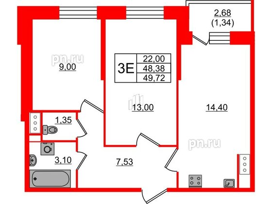 Квартира в ЖК Живи в Рыбацком, 2 комнатная, 48.38 м², 3 этаж