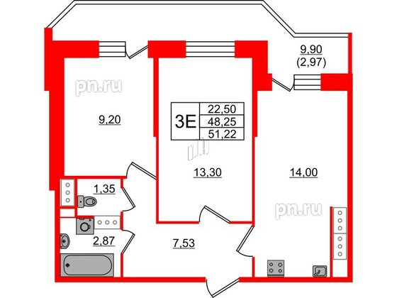 Квартира в ЖК Живи в Рыбацком, 2 комнатная, 48.25 м², 19 этаж