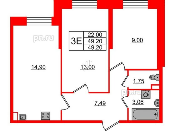 Квартира в ЖК Живи в Рыбацком, 2 комнатная, 49.2 м², 1 этаж