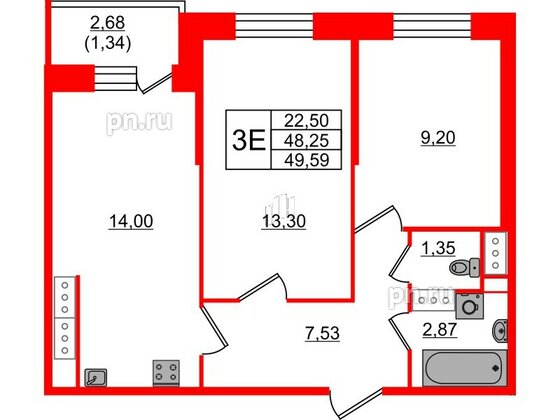 Квартира в ЖК Живи в Рыбацком, 2 комнатная, 48.25 м², 16 этаж