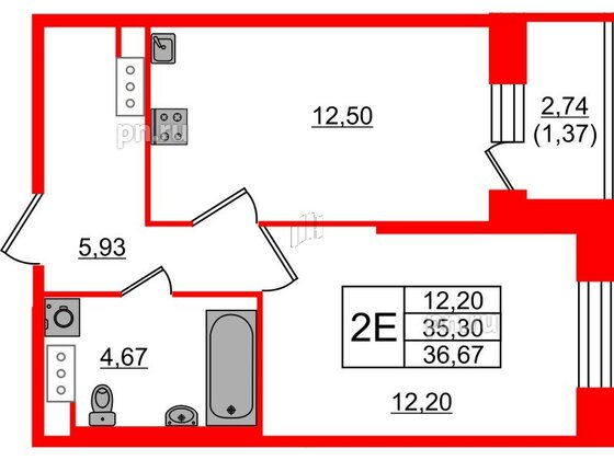 Квартира в ЖК Живи в Рыбацком, 1 комнатная, 35.3 м², 3 этаж