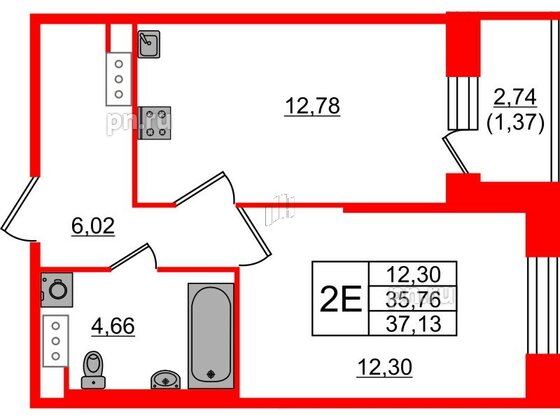 Квартира в ЖК Живи в Рыбацком, 1 комнатная, 35.76 м², 9 этаж