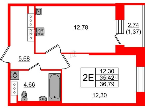 Квартира в ЖК Живи в Рыбацком, 1 комнатная, 35.42 м², 17 этаж