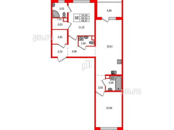 Квартира в ЖК ЛесArt, 2 комнатная, 68.97 м², 2 этаж