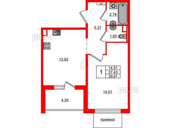 Квартира в ЖК ЛесArt, 1 комнатная, 39.61 м², 1 этаж