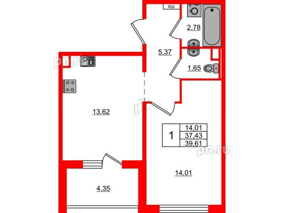 Квартира в ЖК ЛесArt, 1 комнатная, 39.61 м², 3 этаж