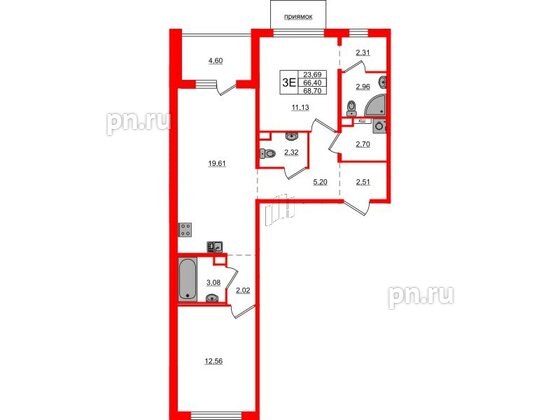 Квартира в ЖК ЛесArt, 2 комнатная, 68.7 м², 1 этаж