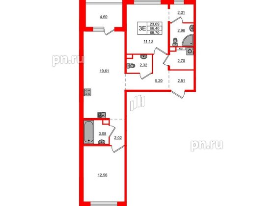 Квартира в ЖК ЛесArt, 2 комнатная, 68.7 м², 2 этаж