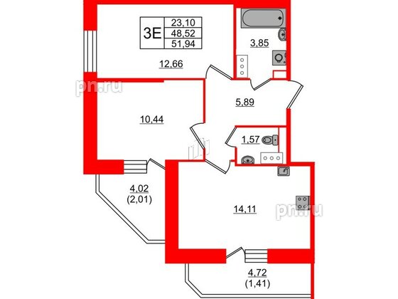 Квартира в ЖК Живи в Рыбацком, 2 комнатная, 48.52 м², 13 этаж