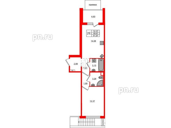 Квартира в ЖК ЛесArt, 1 комнатная, 41.97 м², 1 этаж