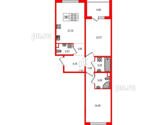 Квартира в ЖК ЛесArt, 2 комнатная, 65.22 м², 2 этаж