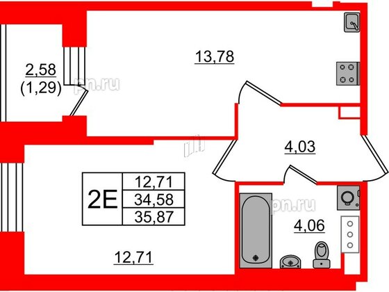 Квартира в ЖК Живи в Рыбацком, 1 комнатная, 34.58 м², 3 этаж