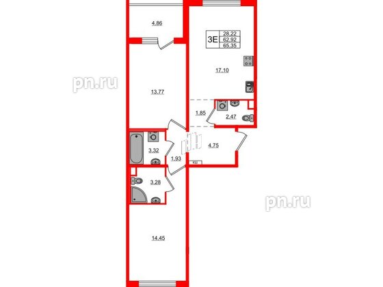 Квартира в ЖК ЛесArt, 2 комнатная, 65.35 м², 3 этаж