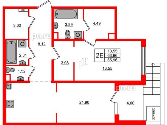 Квартира в ЖК ЛесArt, 1 комнатная, 65.96 м², 1 этаж