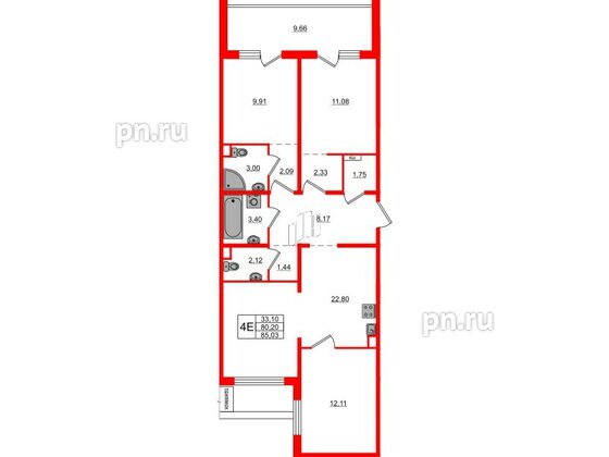 Квартира в ЖК ЛесArt, 3 комнатная, 85.03 м², 1 этаж