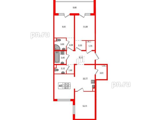 Квартира в ЖК ЛесArt, 3 комнатная, 88.51 м², 2 этаж