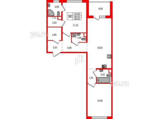 Квартира в ЖК ЛесArt, 2 комнатная, 68.83 м², 2 этаж