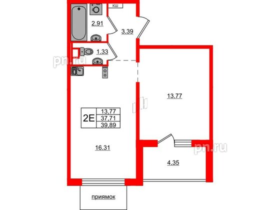 Квартира в ЖК ЛесArt, 1 комнатная, 39.89 м², 1 этаж