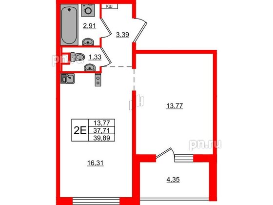 Квартира в ЖК ЛесArt, 1 комнатная, 39.89 м², 2 этаж