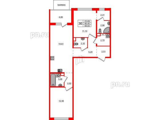 Квартира в ЖК ЛесArt, 2 комнатная, 68.83 м², 1 этаж