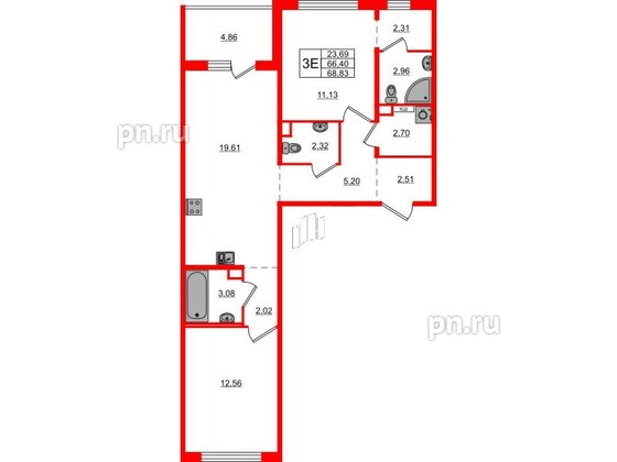 Квартира в ЖК ЛесArt, 2 комнатная, 68.83 м², 2 этаж