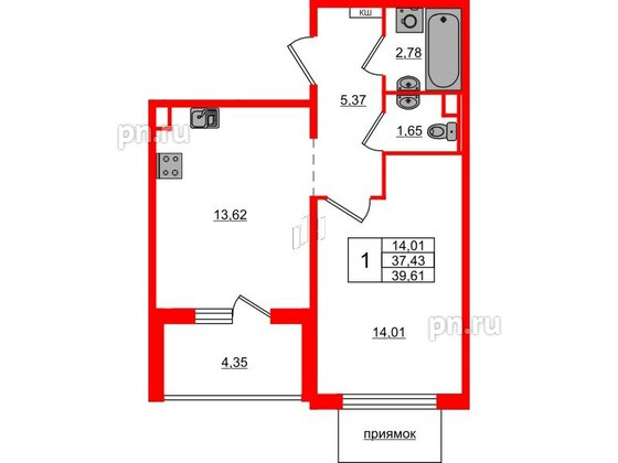 Квартира в ЖК ЛесArt, 1 комнатная, 39.61 м², 1 этаж