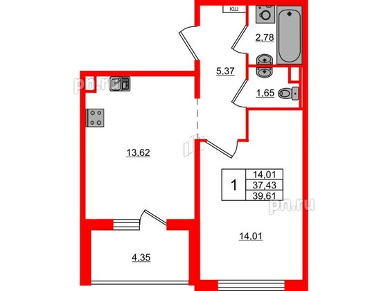 Квартира в ЖК ЛесArt, 1 комнатная, 39.61 м², 2 этаж