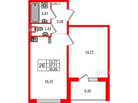 Квартира в ЖК ЛесArt, 1 комнатная, 39.89 м², 3 этаж