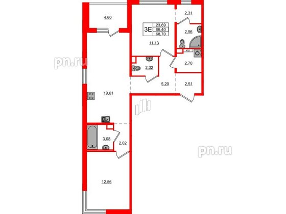 Квартира в ЖК ЛесArt, 2 комнатная, 68.7 м², 2 этаж