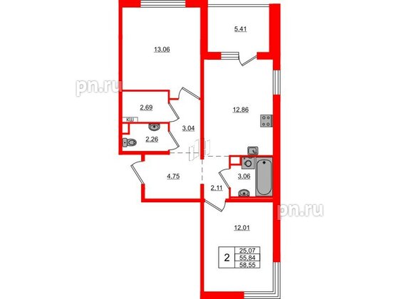 Квартира в ЖК «ЛесART», 2 комнатная, 58.55 м², 2 этаж