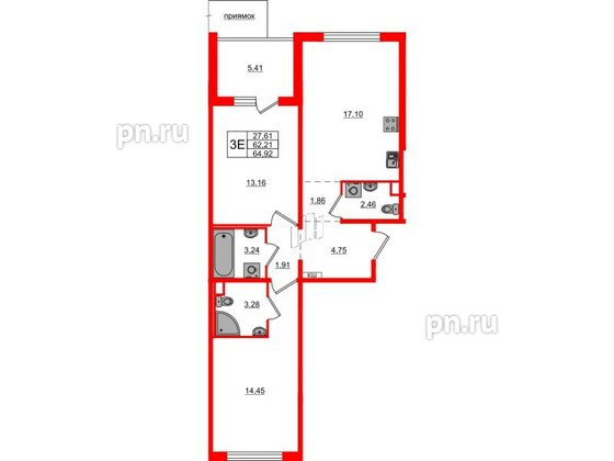 Квартира в ЖК ЛесArt, 2 комнатная, 64.92 м², 1 этаж